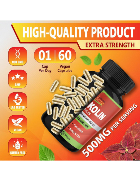 Suplemento Orgánico de Forskolin Cadane - 60 Cápsulas con Cúrcuma