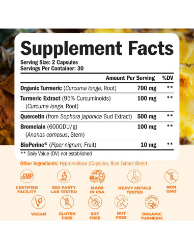 Suplemento de Quercetina 500mg con Cúrcuma y Bromelina - 60 Cápsulas