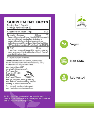 Suplemento Terry Naturally DIM con Curcumina - 30 Cápsulas
