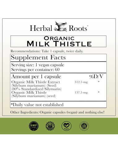 Cápsulas de Cardo Mariano Herbal Roots 80% Silymarina 99g