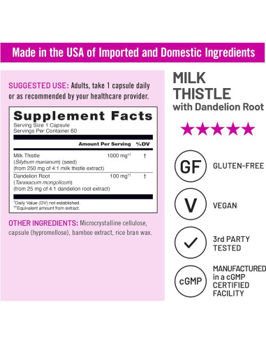 NatureWise Cardo Mariano 1000 mg + Diente de León 100 mg - 60 Cápsulas Veganas