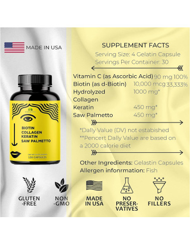 Suplemento de Biotina 10000 mcg con Colágeno y Queratina - 120 Cápsulas