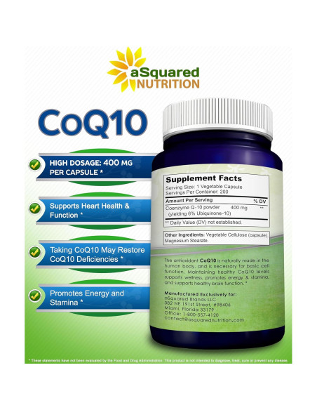 Suplemento CoQ10 aSquared 400mg 200 Cápsulas Veganas