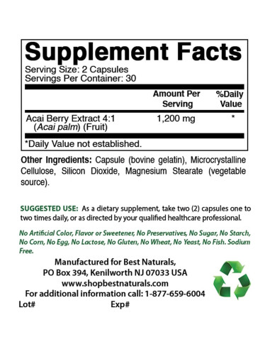Baya de Acai 600 mg Mejores Naturales 120 Cápsulas