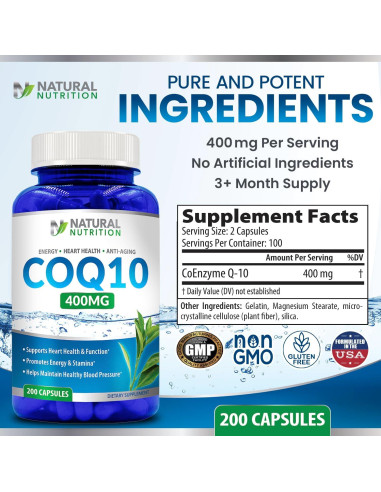 CoQ10 Natural 400mg 200 Cápsulas Alta Absorción Sin Gluten