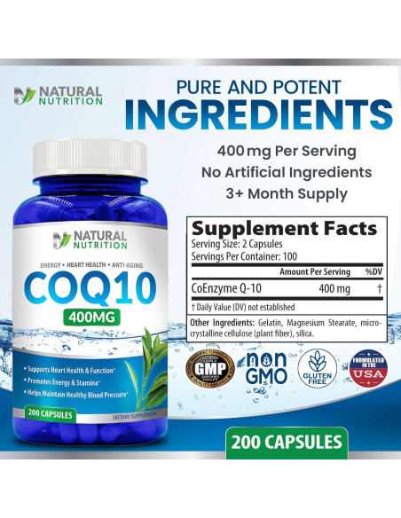 CoQ10 Natural 400mg 200 Cápsulas Alta Absorción Sin Gluten