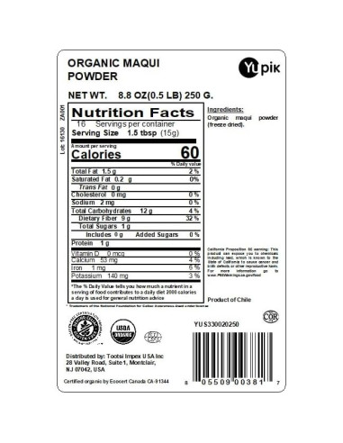 Polvo Orgánico de Maqui Yupik 250 g - Vegano, Sin Gluten
