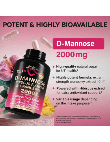 D-Mannose 2000mg Nutra Harmony con Arándano y Hibisco - 120 Cápsulas