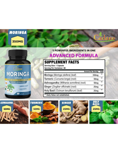 Cápsulas de Moringa Orgánica Cadane 90 Unidades - Energía y Inmunidad