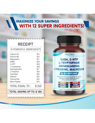 Suplemento GABA 5-HTP L-Triptófano Ashwagandha 150 Cápsulas