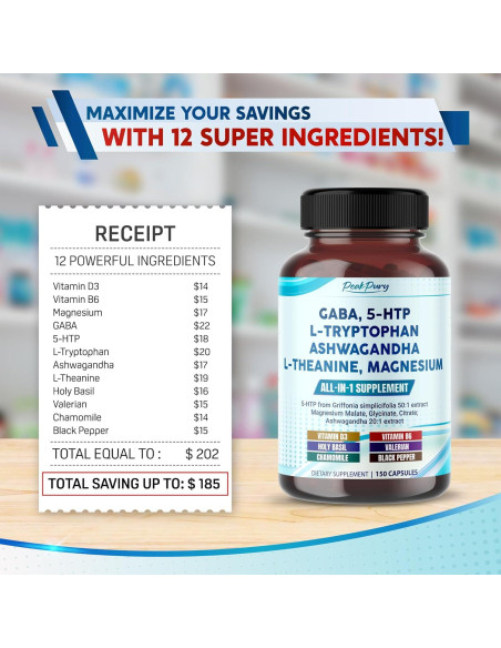 Suplemento GABA 5-HTP L-Triptófano Ashwagandha 150 Cápsulas