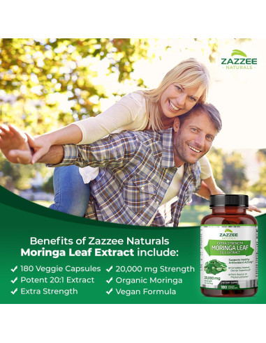 Extracto de Moringa Orgánica Zazzee 20:1, 20,000 mg, 180 Cápsulas