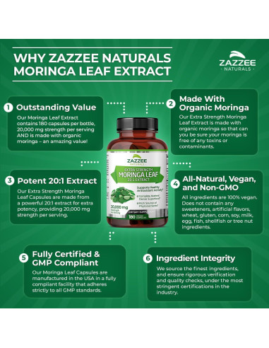 Extracto de Moringa Orgánica Zazzee 20:1, 20,000 mg, 180 Cápsulas