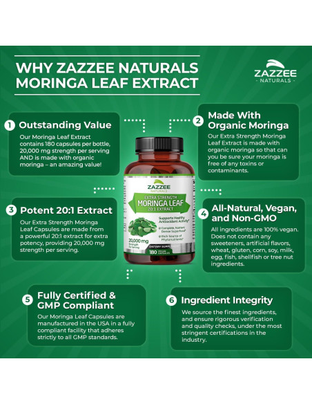 Extracto de Moringa Orgánica Zazzee 20:1, 20,000 mg, 180 Cápsulas