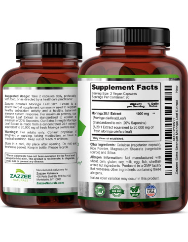 Extracto de Moringa Orgánica Zazzee 20:1, 20,000 mg, 180 Cápsulas