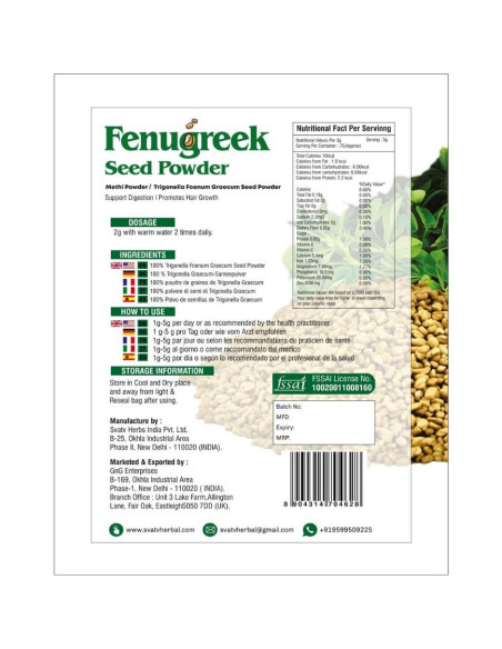 Polvo de Semilla de Fenogreco SVATV 227g - Cuidado Cabello y Piel