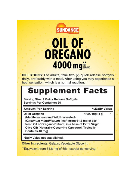 Aceite de Orégano Sundance 4000mg 60 Cápsulas Blandas Sin OGM