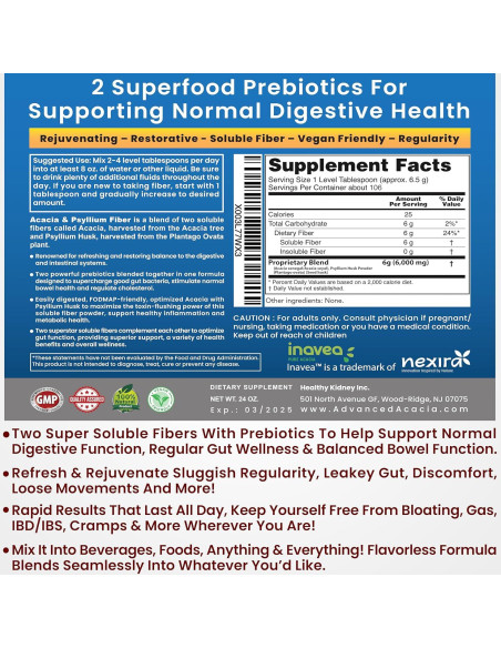 Suplemento de Fibra Orgánica Acacia y Psyllium - 2 Paquetes de 680g