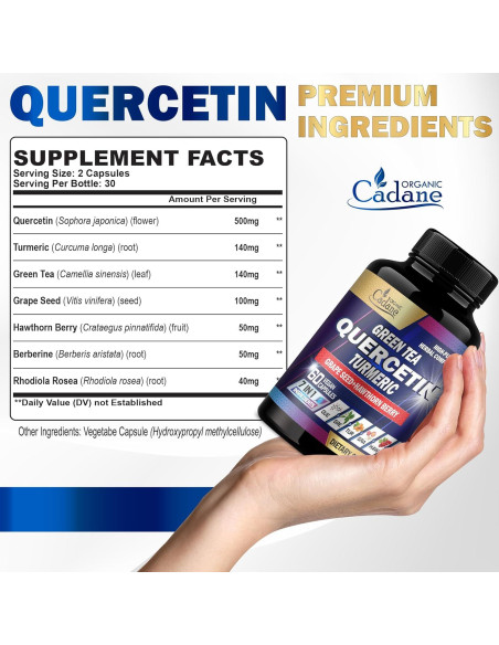 Suplemento de Quercetina Orgánica Cadane - 60 Cápsulas con Té Verde y Cúrcuma