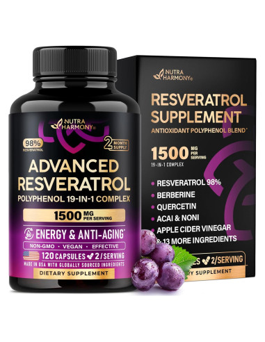 Suplemento de Resveratrol NUTRA HARMONY - 120 Cápsulas Antioxidantes