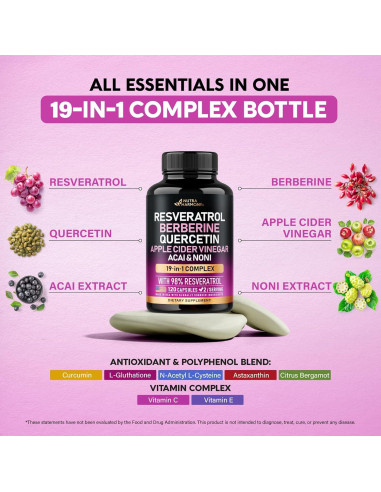 Suplemento de Resveratrol NUTRA HARMONY - 120 Cápsulas Antioxidantes