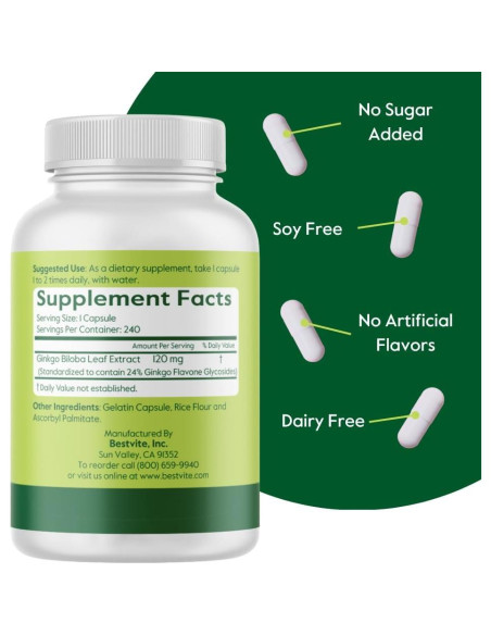 Suplemento Ginkgo Biloba Bestvite 120mg 240 Cápsulas Sin Gluten