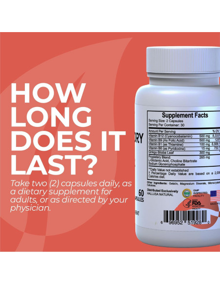 Suplemento Cerebral Hallusa Natural 60 Cápsulas Ginkgo Biloba B12 B9 B6