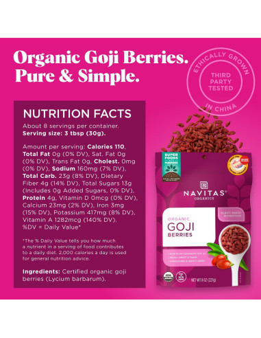Bayas de Goji Orgánicas Navitas 226.8g - Antioxidantes y Fibra