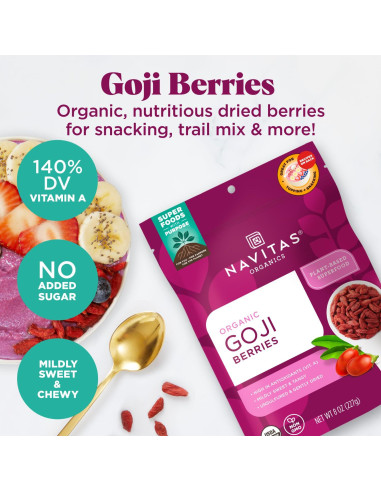 Bayas de Goji Orgánicas Navitas 226.8g - Antioxidantes y Fibra