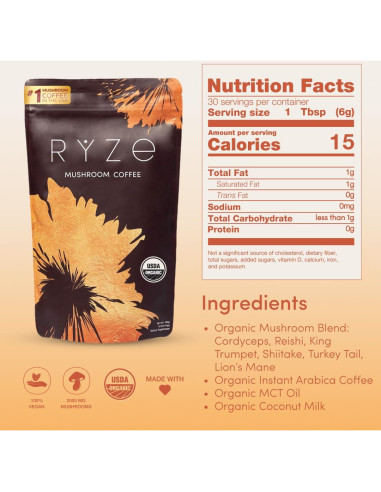Café de Champiñones Orgánico RYZE con 6 Adaptógenos - 30 Porciones