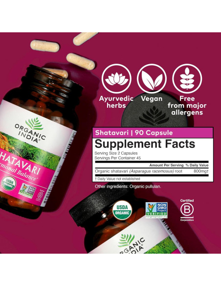 Cápsulas de Shatavari Organic India - 90 Unidades, Vegano, Orgánico
