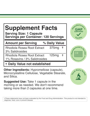 Suplemento de Rhodiola Rosea 500mg Double Wood 120 Cápsulas Veganas