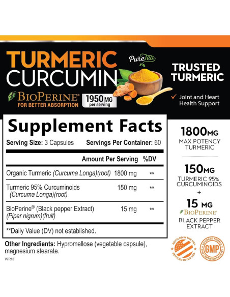Cápsulas de Cúrcuma Curcumina 1950mg con BioPerine - 180 Unidades