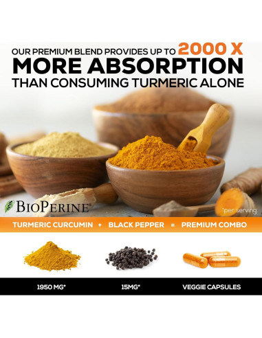 Cápsulas de Cúrcuma Curcumina 1950mg con BioPerine - 180 Unidades