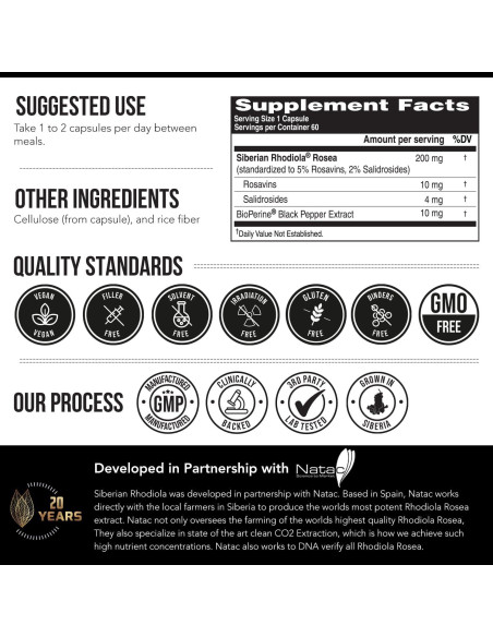 Max Strength Rhodiola Rosea 60 cápsulas - 5% Rosavins, 2% Salidroside