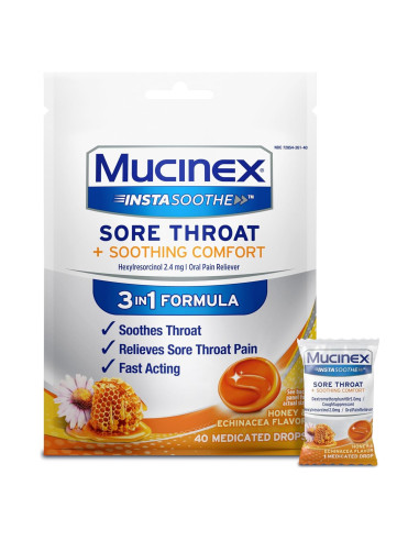 Gotas Mucinex Instasoothe Alivio Garganta Sore Miel 40 ct