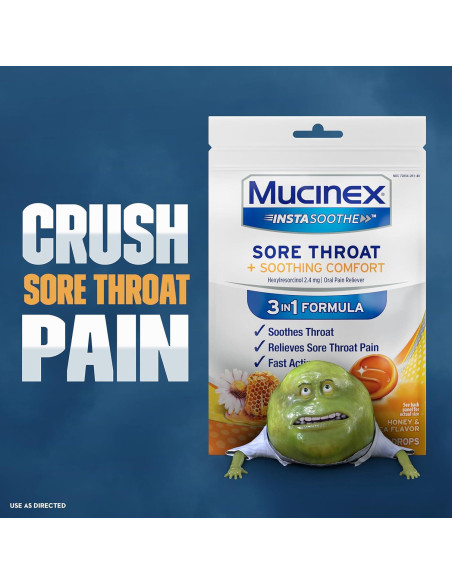 Gotas Mucinex Instasoothe Alivio Garganta Sore Miel 40 ct
