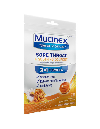 Gotas Mucinex Instasoothe Alivio Garganta Sore Miel 40 ct