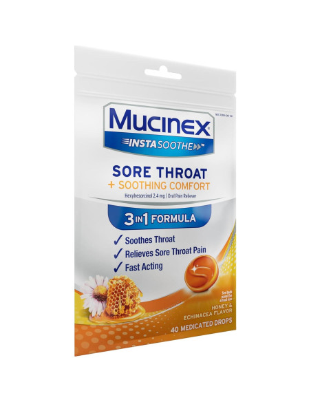 Gotas Mucinex Instasoothe Alivio Garganta Sore Miel 40 ct
