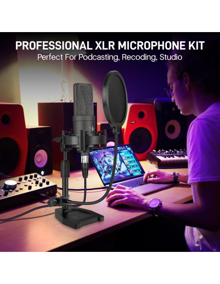 Micrófono XLR iQlQPQ con Soporte y Filtro Antipop