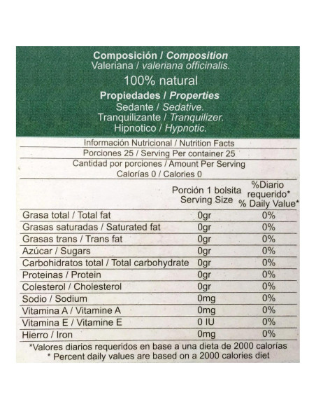 Té de Valeriana 100% Natural FabSaa - 50 Bolsas Té de Valeriana 100% Natural FabSaa - 50 Bolsas
