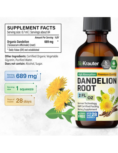 Extracto de Raíz de Diente de León BioKrauter 59.15 ml - Vegano y Sin Alcohol