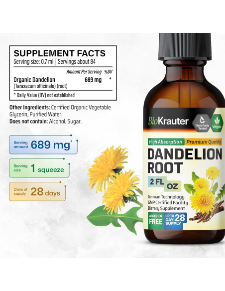 Extracto de Raíz de Diente de León BioKrauter 59.15 ml - Vegano y Sin Alcohol