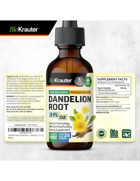 Extracto de Raíz de Diente de León BioKrauter 59.15 ml - Vegano y Sin Alcohol