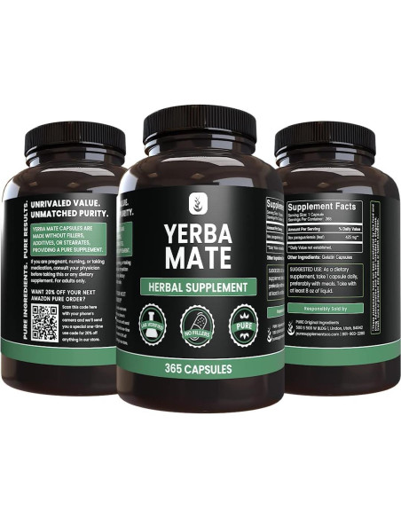 Cápsulas de Yerba Mate Ingredientes Originales Puros 365 Unidades