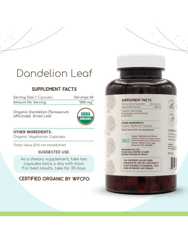 Cápsulas de Hoja de Diente de León Orgánico 120 Unidades 500 mg