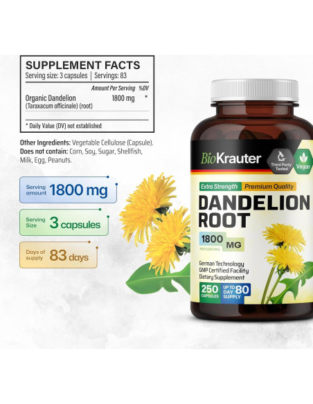 Suplemento Hepático BioKrauter: Diente de León 250 Cápsulas + 118 ml Tintura