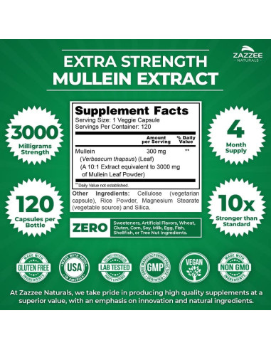 Extracto de Mullein Zazzee 3000 mg 120 Cápsulas Veganas