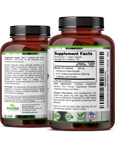 Extracto de Mullein Zazzee 3000 mg 120 Cápsulas Veganas
