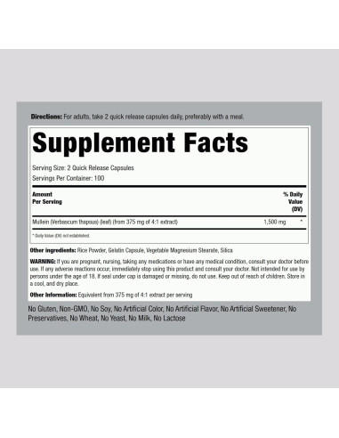 Cápsulas de Hoja de Mullein Piping Rock 1500mg 200 Píldoras